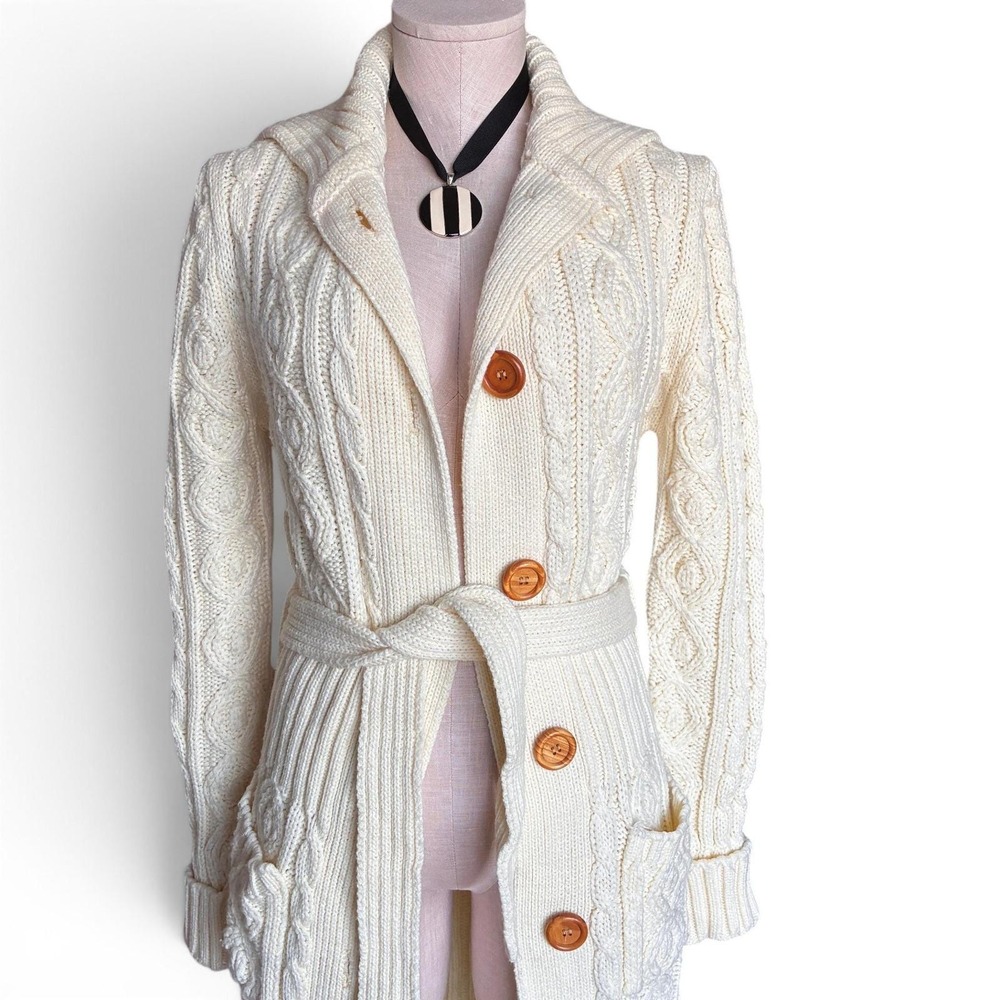 Vintage 70s Longline Cable Knit Sweater Cream Belted Shawl Collar - Picture 3 of 9